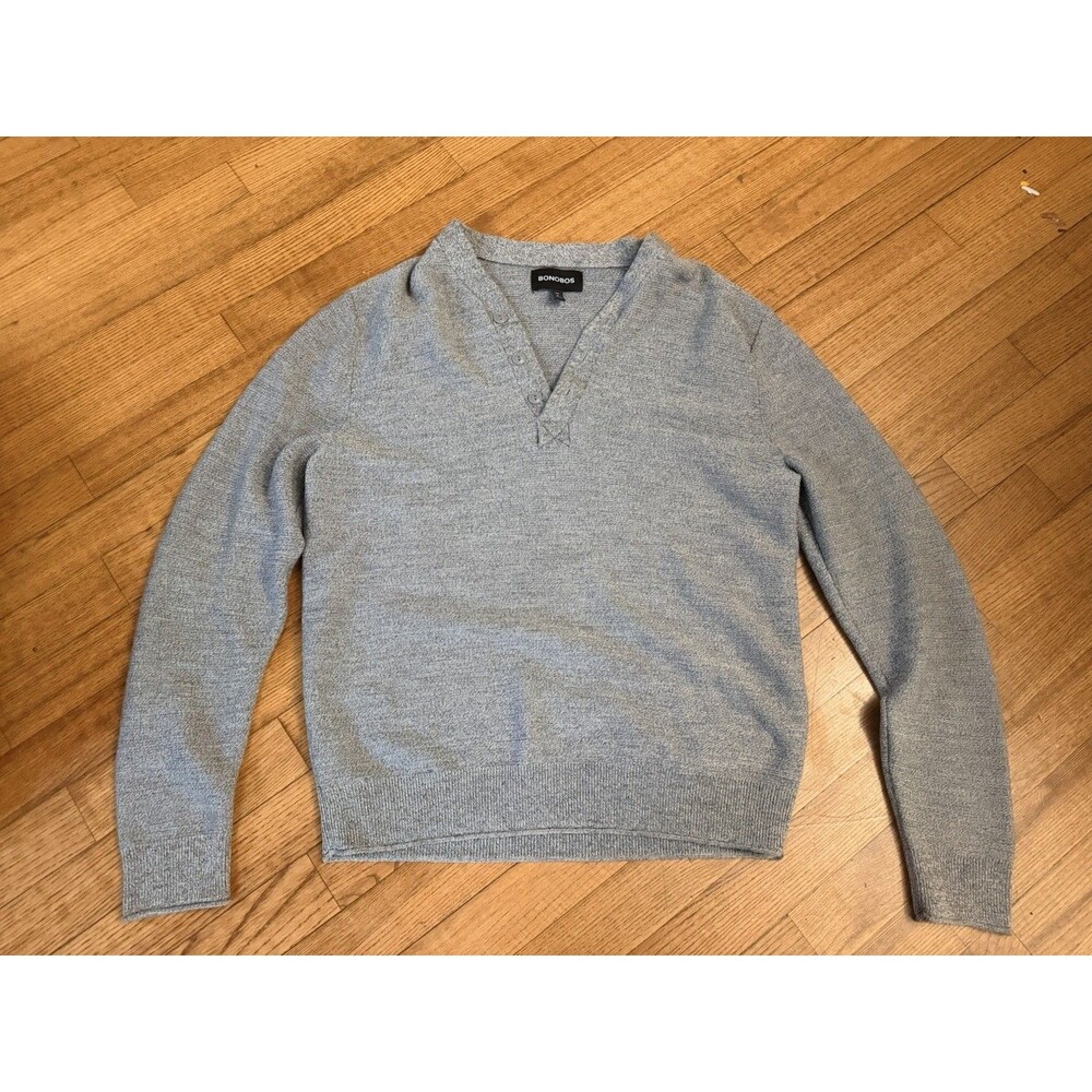 Bonobos Sweater Mens Medium Gray Slim Fit Extra Fine Merino Wool V Neck READ